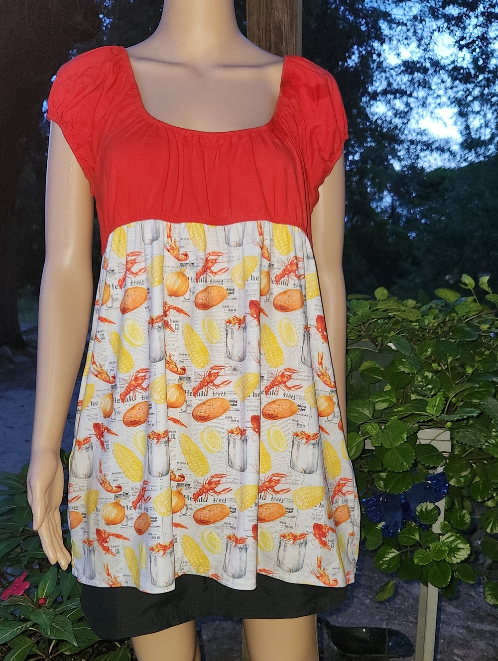 Girls' Red Empire Waist Summer Dress with Lemon & Seafood Print